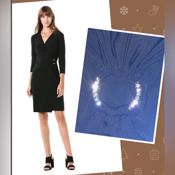 Glamour Party Dress 4P Faux Wrap stretchy gathered side rhinestone’s buckle - Picture 1 of 13